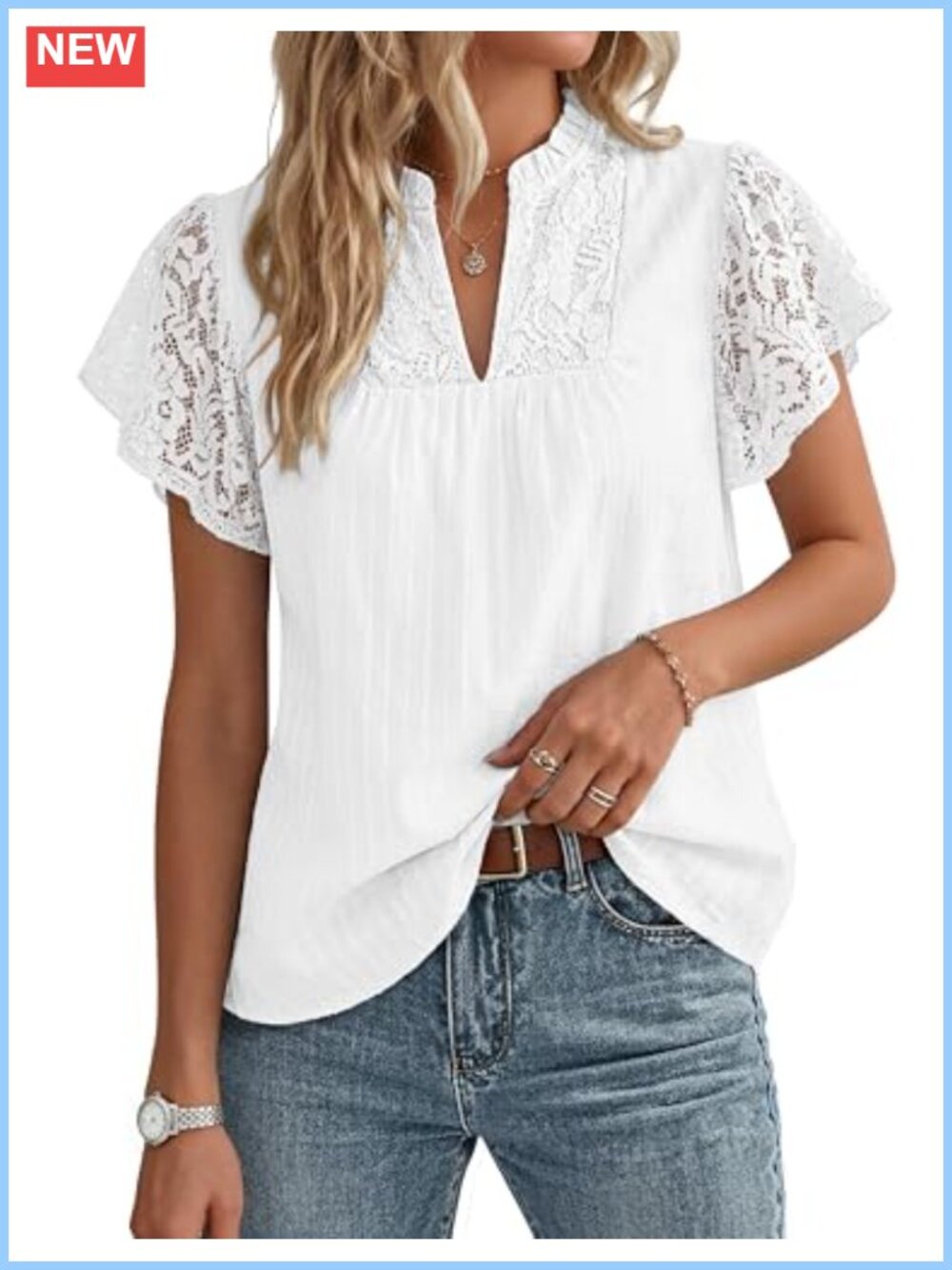 Women's Lace Ruffle Sleeve V-Neck Blouse - Casual Flowy Cotton Shirt